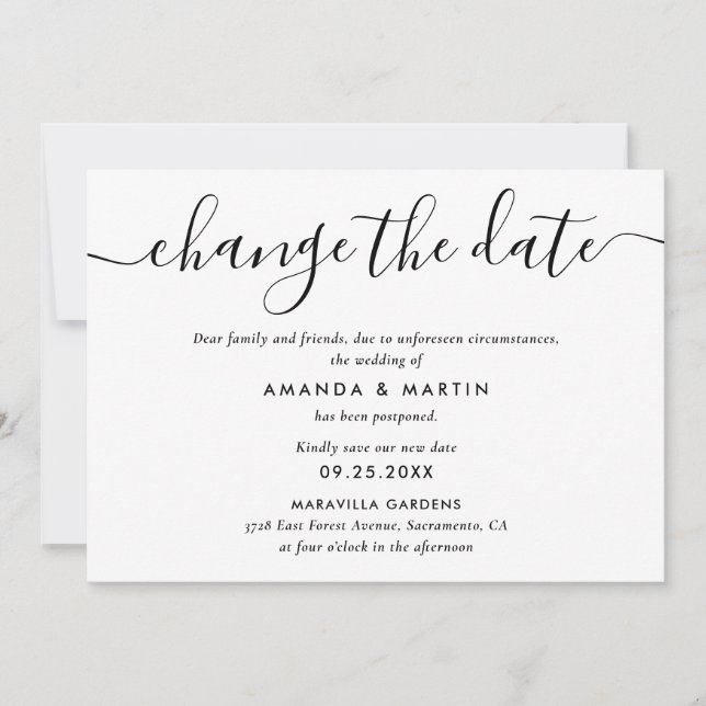 Anúncio Adiamento do Casamento Preto e Branco (Frente)