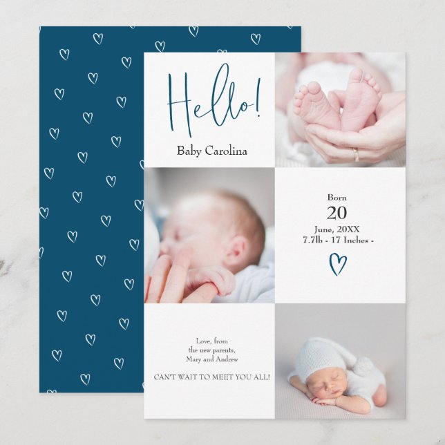 Anúncio Alô moderno branco azul 3 fotos nascimento bebê (Frente/Verso)