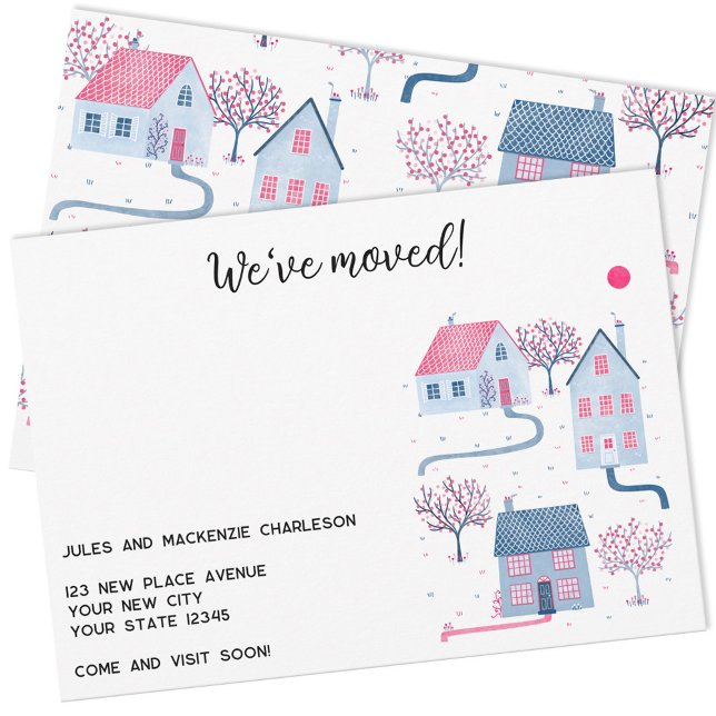 Anúncio Alteração de Endereço da Casa de Aquarela (We have moved New Home moving announcement with custom text and house illustrations)
