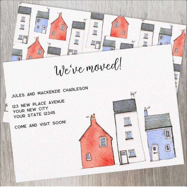 Anúncio Alteração de Endereço da Casa de Aquarela (Watercolor houses personalized change of address moving announcement)