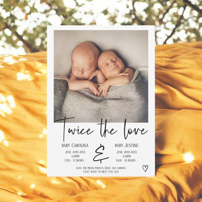 Anúncio Amo roteiro de coração preto foto bebê gêmeos nasc (Love black script heart photo baby twins birth announcement)