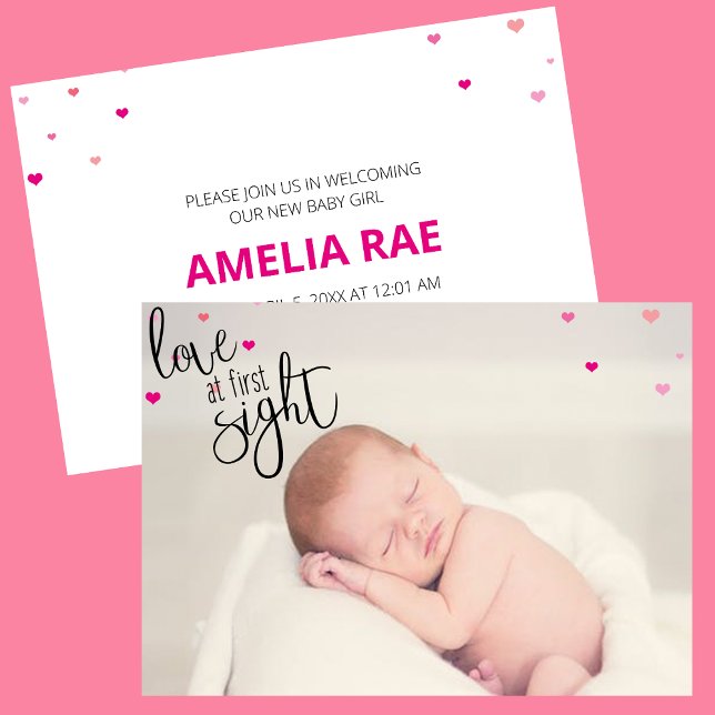 Anúncio Amor À Primeira Vista (Pink love at first sight photo birth announcement card with pink hearts)