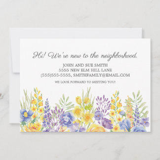 Anúncio Apresentação de Novo Vizinho Floral Amarelo Roxo