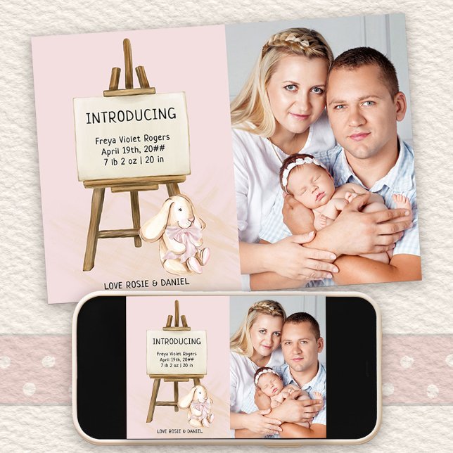 Anúncio Apresentando Easel & Bunny Photo Baby Girl Birth (Photo Birth Announcement with cute nursery design. Buy printed or as printable digital download)