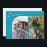 Anúncio  Aqua Blue Graduate She Believed Multi Photo<br><div class="desc">Modern and whimsical graduation announcement photo card featuring 3 photos on the front and 1 on the back. The text says "She believed she could so she did" with twinkling stars. Add the graduate's name,  information,  and message to personalize this card. Aqua blue.</div>