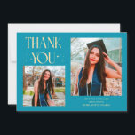 Anúncio Aqua Blue Graduate Thank You 2-Photo<br><div class="desc">Modern and whimsical graduation announcement photo card featuring 2 photos on the front and 1 on the back. The text says "THANK YOU" with twinkling stars. Add the graduate's name,  information,  and message to personalize this card. Aqua blue.</div>