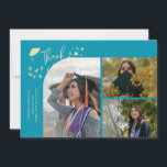 Anúncio Aqua Blue Hand Written Thank You Multi Photo<br><div class="desc">Modern and whimsical graduation announcement photo card featuring 3 photos on the front and 1 on the back. The text says "Thank You" with twinkling stars. Add the graduate's name,  information,  and message to personalize this card. Aqua blue.</div>