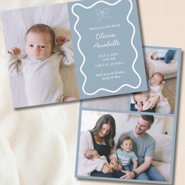 Anúncio Arco Azul, com poeira personalizada, Wavy Boho Col (Custom Dusty Blue Bow Wavy Boho Collage Baby Birth Announcement
)