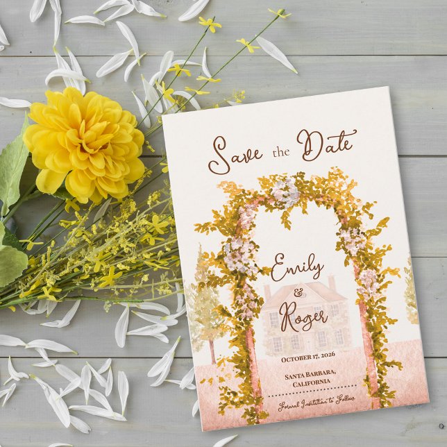 Anúncio Arco de Jardim Rústico Elegante para Casamento Sav (Elegant Watercolor Garden Arch Save the Date Rustic Countryside Wedding Save the Date Card)