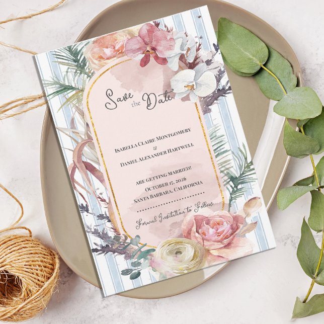 Anúncio Arco de Orquídea Tropical para Casamento Save the  (Tropical Orchid Arch Save the Date | Blush Floral Beach Wedding Announcement)