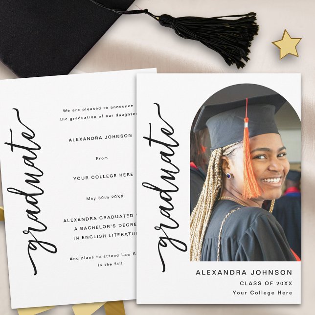 Anúncio Arco Elegante Moderno Foto (Modern elegant arch photo white and black script graduation announcement card)