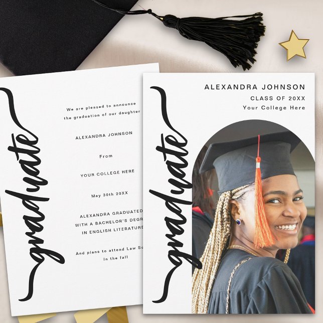 Anúncio Arco Moderno Elegante Foto Graduação (Modern trendy arch photo graduation announcement card stylish black and white minimalist design)