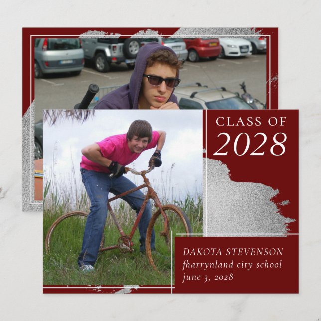 Anúncio Artsy Graduation | Silver Vermelho Escuro 2 Foto (Frente/Verso)