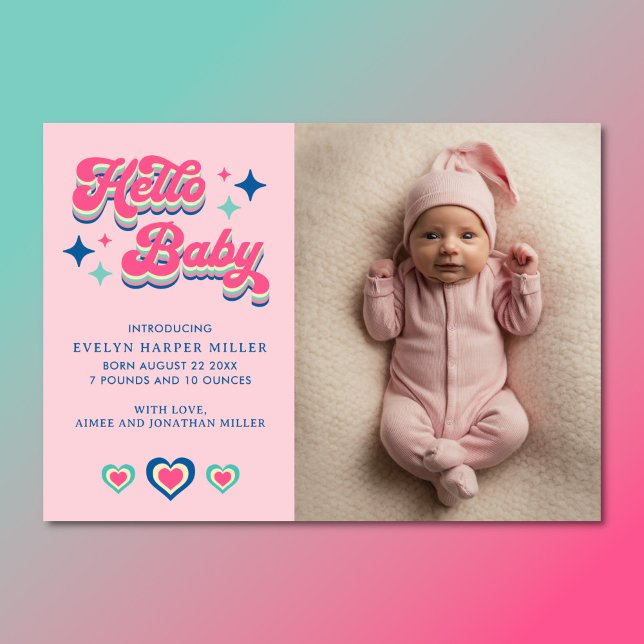 Anúncio Aviso de Nascimento Retro Groovy Hello Baby Card (Groovy hello baby birth announcement card)