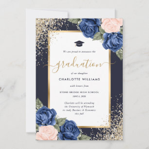 Anúncio Azul Marinho Rosa Dourado Floral Foto Graduação