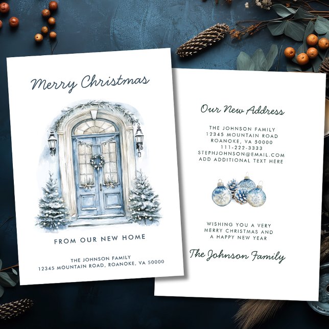 Anúncio Azul Porta Feliz Natal de Nova Casa (Blue Front Door Merry Christmas from Our New Home Holiday Moving Announcement Flat Card)