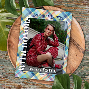 Anúncio Azul Rosa Laranja Amarelo Tartan Xadrez Graduação