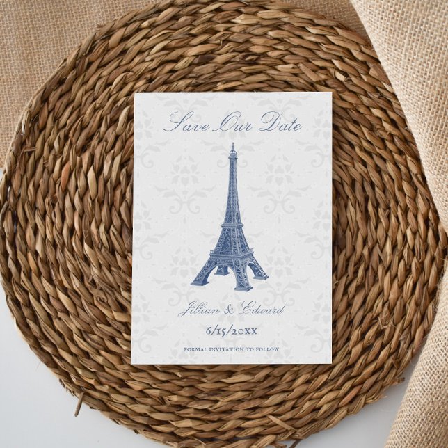 Anúncio Azul Torre Eiffel Damasco Salve A Data (Blue Eiffel Tower Damask Save the Date)