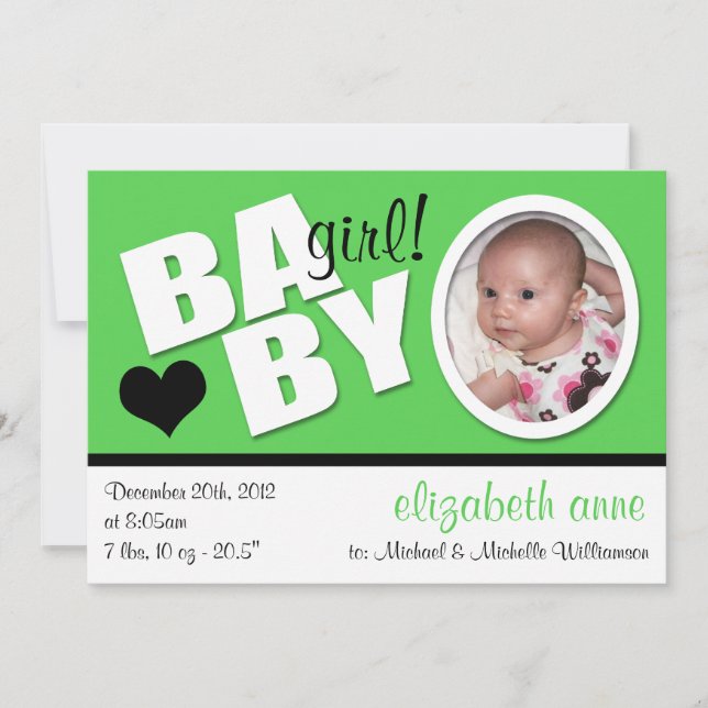 Anúncio B A B Y Trendy Green Photo Birth Announing (Anúnci (Frente)