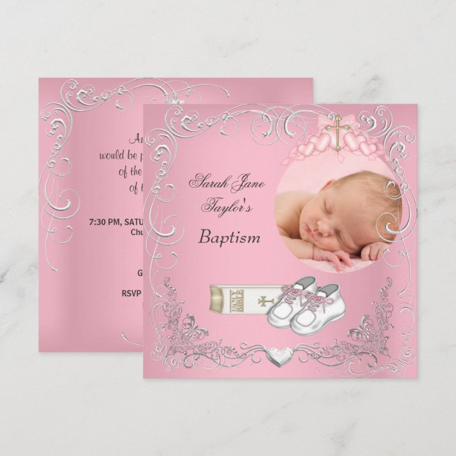 Anúncio Baby Girl Christening Baptism White Pink Bíblia (Frente/Verso)