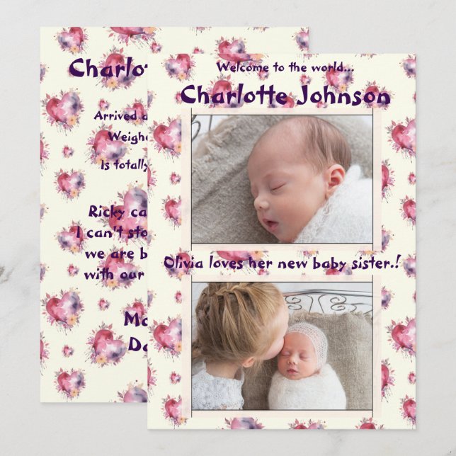 Anúncio Baby Girl com a nova chegada sibilante (Frente/Verso)