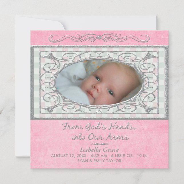 Anúncio Baby Girl Pink Gingham Christian Photo Birth (Frente)