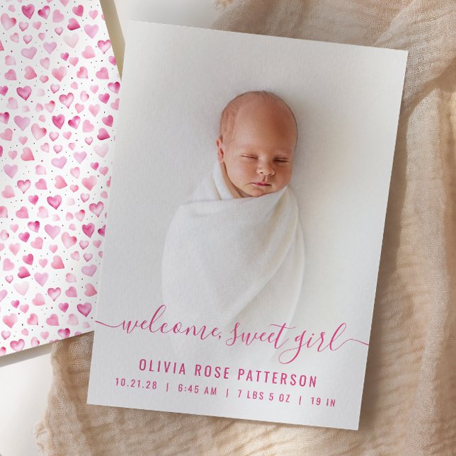 Anúncio Baby Girl Pink Hearts Script Photo Birth (Criador carregado)