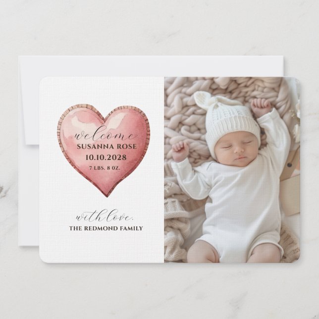 Anúncio Baby Photo Modern Heart Birth Announcement Card (Frente)