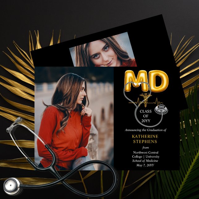 Anúncio Balão Letra MD Caduceus Stethoscope Graduação (Balloon Letters "MD" Caduceus Stethoscope Doctor | Physician Graduation Announcement Print | Digital)