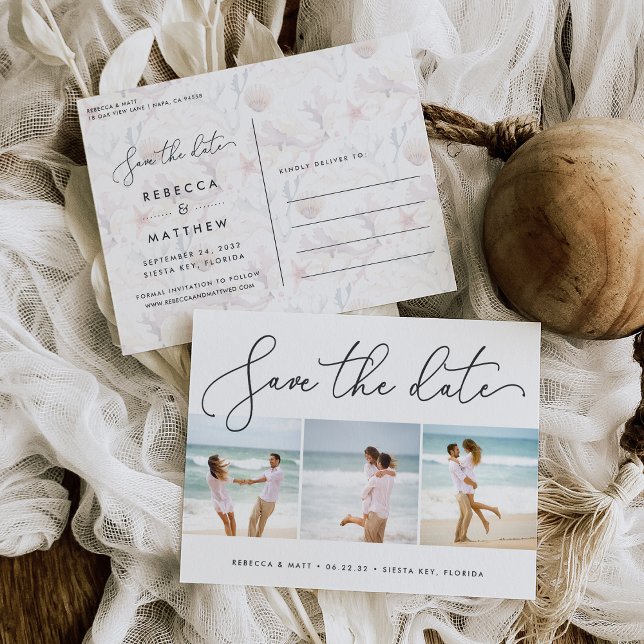 Anúncio Beach Wedding Photo Save the Date Postcard (Criador carregado)