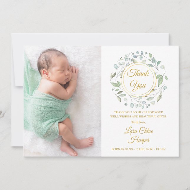 Anúncio Bebê Foto Dourada Obrigado Greenery Floral Birth (Frente)