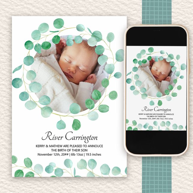 Anúncio Bebê Foto Eucalyptus Greenery Unisex Nascimento (Photo birth announcement to order printed or as a printable digital download)