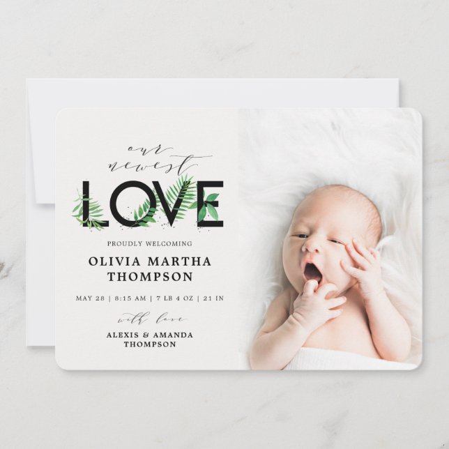 Anúncio Bebê Moderno Verde Tropical Foto Nascimento (Frente)