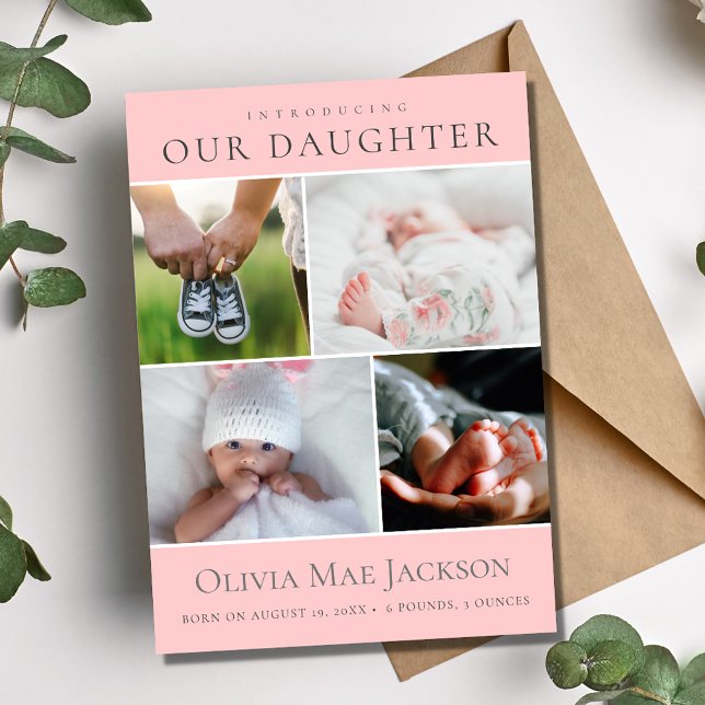 Anúncio Bebê Rosa 4 Foto Colagem Nascimento (Introducing Our Daughter 4 Photo Baby Birth Announcement)