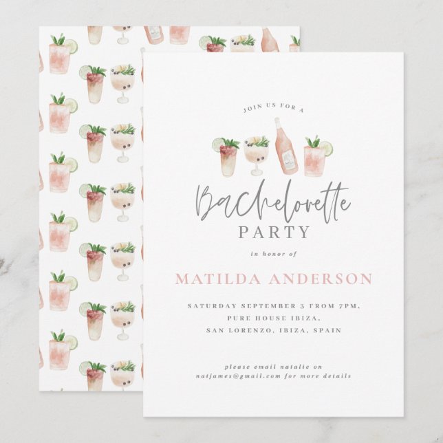 Anúncio bebida de aquarela festa de solteira rosada (Frente/Verso)