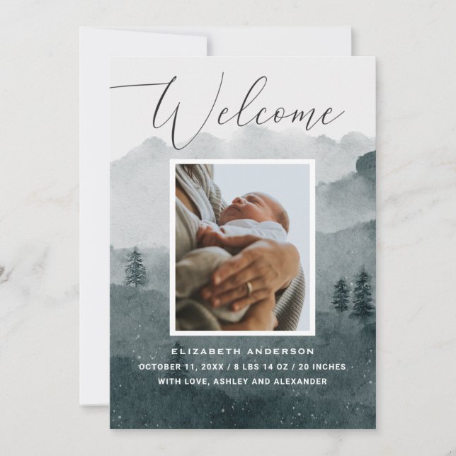 Anúncio Bem-vindo. Floresta aquática, inverno, nascimento (Frente)