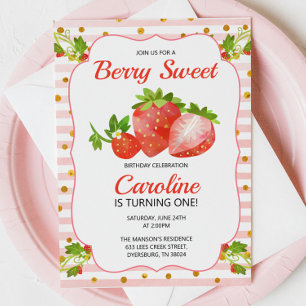Anúncio Berry Sweet Strawberry Birthday Invitation