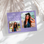 Anúncio Best Is Yet To Come Lilac Grad Photo<br><div class="desc">Modern and whimsical graduation announcement photo card featuring2 photos on the front and 1 on the back. The text says "The Best Is Yet To Come" with twinkling stars. Add the graduate's name,  information,  and message to personalize this card. Lilac color.</div>