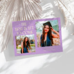 Anúncio Best Is Yet To Come Wisteria Grad Photo<br><div class="desc">Modern and whimsical graduation announcement photo card featuring2 photos on the front and 1 on the back. The text says "The Best Is Yet To Come" with twinkling stars. Add the graduate's name,  information,  and message to personalize this card. Wisteria color.</div>