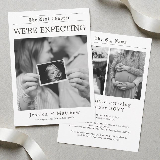 Anúncio Black and White Gender Neutral Newspaper Pregnancy (Black and White Gender Neutral Newspaper Pregnancy Announcement)