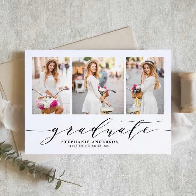 Anúncio Black Dainty Script Três Foto Graduação (Customizable photo collage Graduation Announcement featuring whimsical calligraphy)