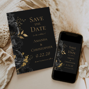 Anúncio Black Gold Floral Sombrio Save the Date
