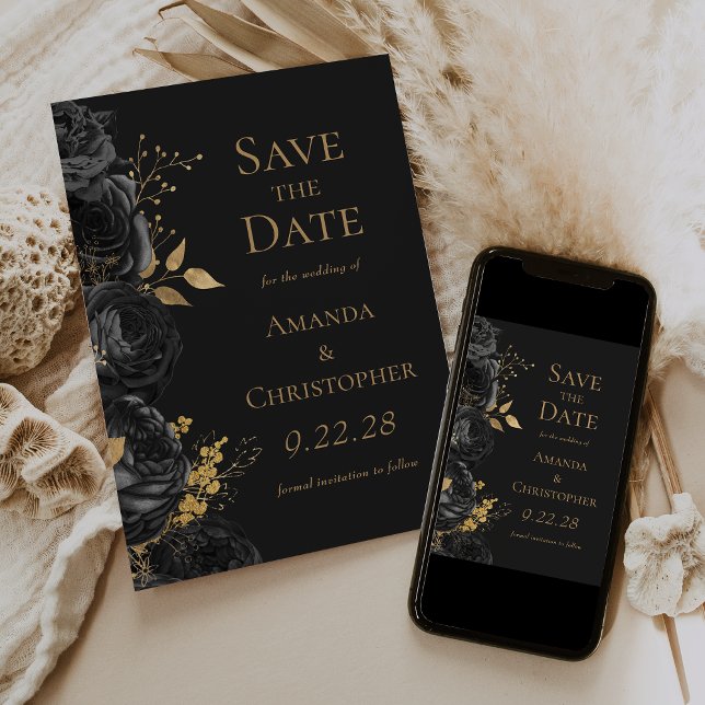 Anúncio Black Gold Floral Sombrio Save the Date (Criador carregado)