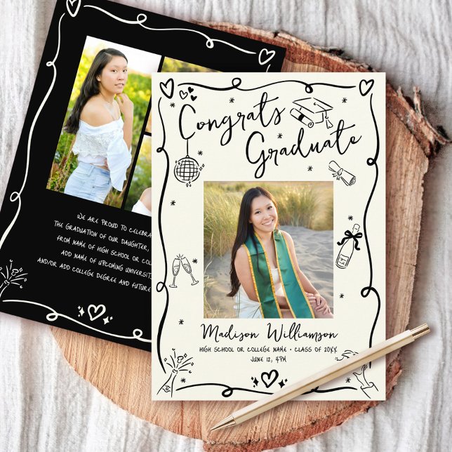 Anúncio Black Hand Drawn Doodles Graduation 4 Photo Cream (Criador carregado)