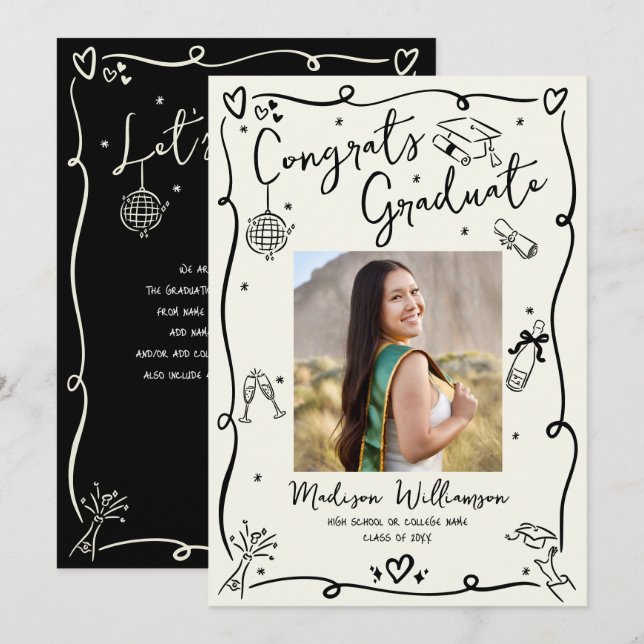 Anúncio Black Hand Drawn Doodles Graduation Photo Cream (Frente/Verso)