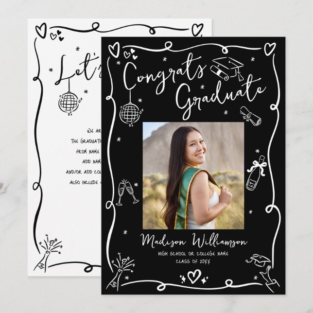 Anúncio Black White Hand Drawn Doodle Style Graduate Photo (Frente/Verso)