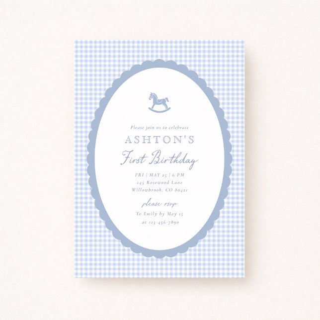 Anúncio Blue Gingham Rocking Horse Boy Birthday Invitation (Criador carregado)