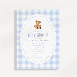 Anúncio Blue Gingham Teddy Bear Baby Shower Invitation