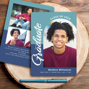 Anúncio Blue Graduation 4 Photo Bold Arch Script Modern