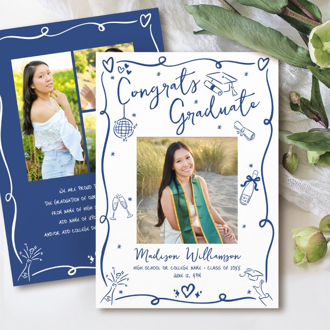 Anúncio Blue Hand Drawn Doodles Graduation 4 Photo White (Criador carregado)